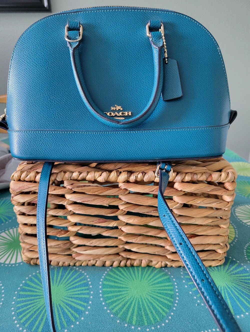 Coach Womens Mini Sierra Satchel Handbag, Crossgrain Leather Teal